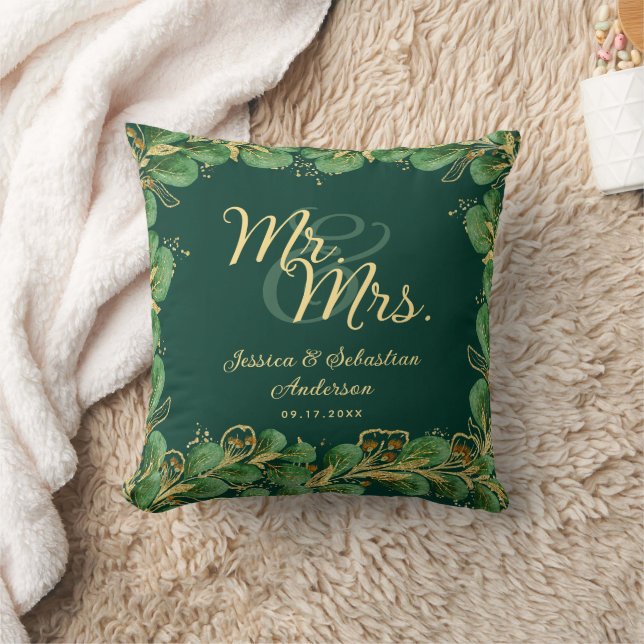 Emerald Green Eucalyptus Wedding Mr and Mrs Cushion (Blanket)
