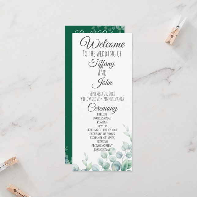 Emerald Green Eucalyptus Wedding Program (Front/Back In Situ)