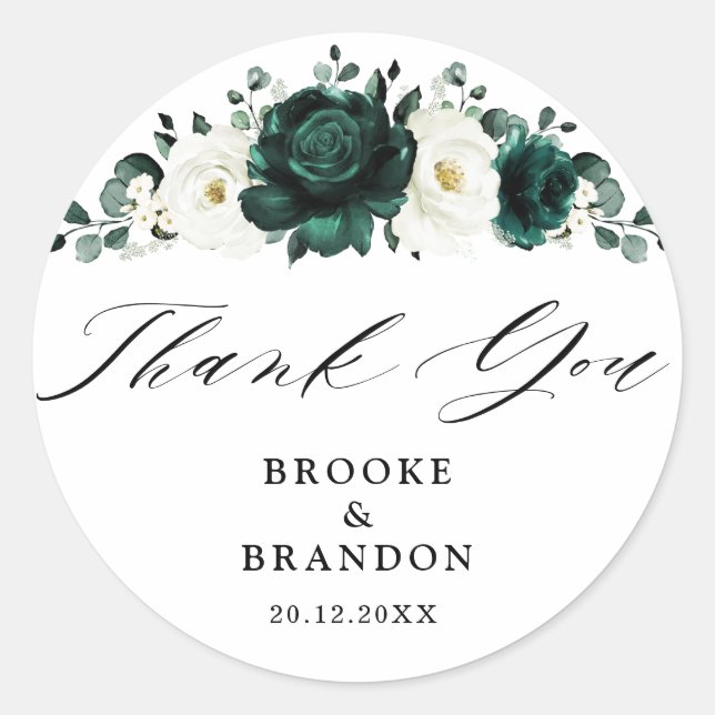 Emerald Green Eucalyptus White  Wedding Thank you Classic Round Sticker (Front)