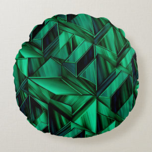 Emerald Green Facets with Deep Geometric Shadows Round Cushion