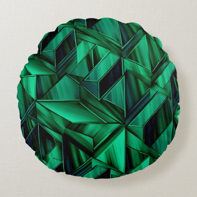 Emerald Green Facets with Deep Geometric Shadows Round Cushion (Front)