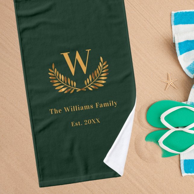 Emerald green family monogram laurel wreath bath towel set (Creator Uploaded)