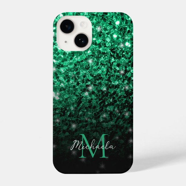 Emerald Green faux glitter sparkles bling Monogram iPhone Case (Back)