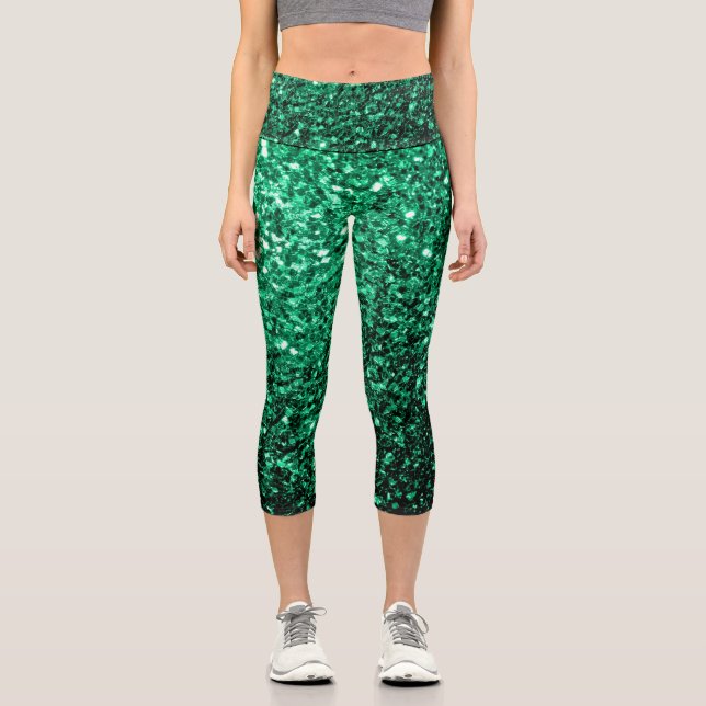 Emerald Green faux glitter sparkles Capri Leggings (Front)