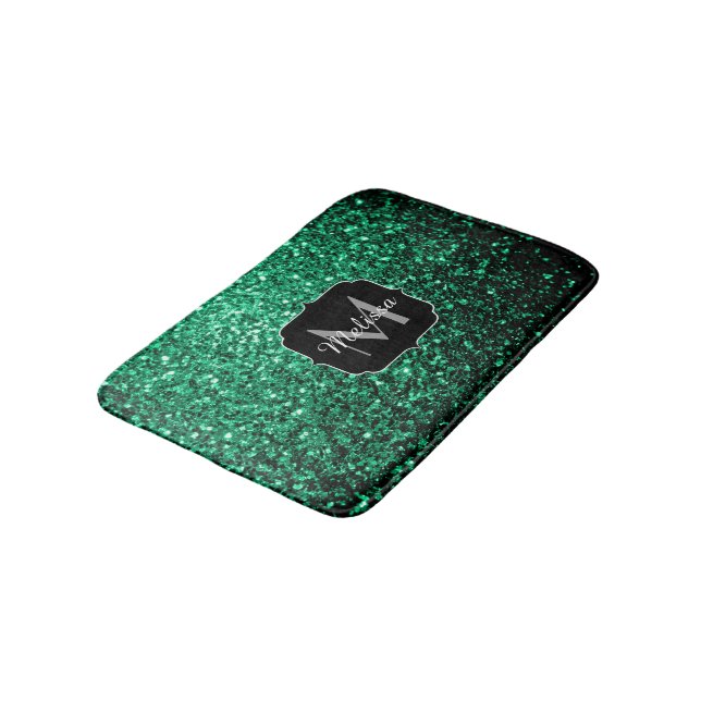 Emerald Green faux glitter sparkles Monogram Bath Mat (Angled)