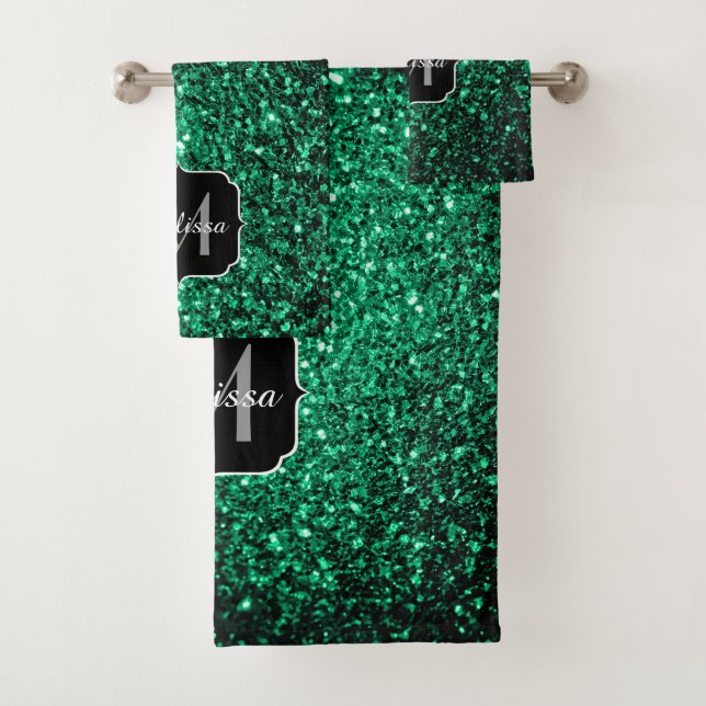 Emerald Green faux glitter sparkles Monogram Bath Towel Set (Insitu)