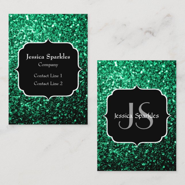 Emerald Green faux glitter sparkles Monogram Business Card (Front/Back)