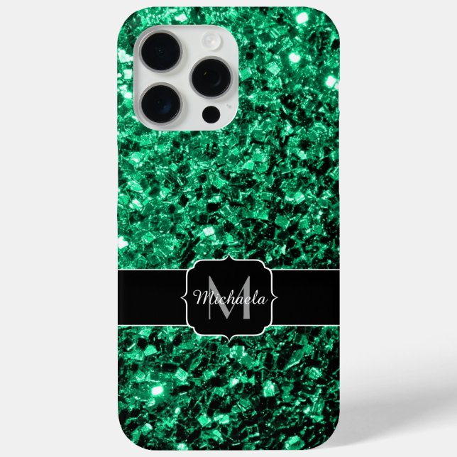 Emerald green faux glitter sparkles Monogram Case-Mate iPhone Case (Back)