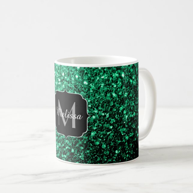 Emerald Green faux glitter sparkles Monogram Coffee Mug (Front Right)