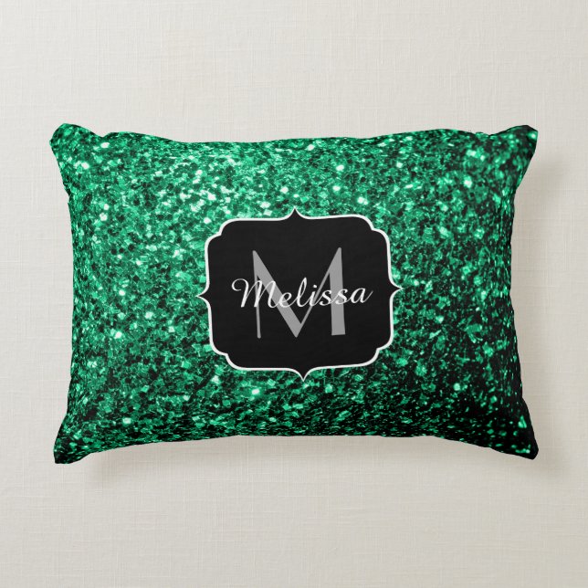 Emerald Green faux glitter sparkles Monogram Decorative Cushion (Front)