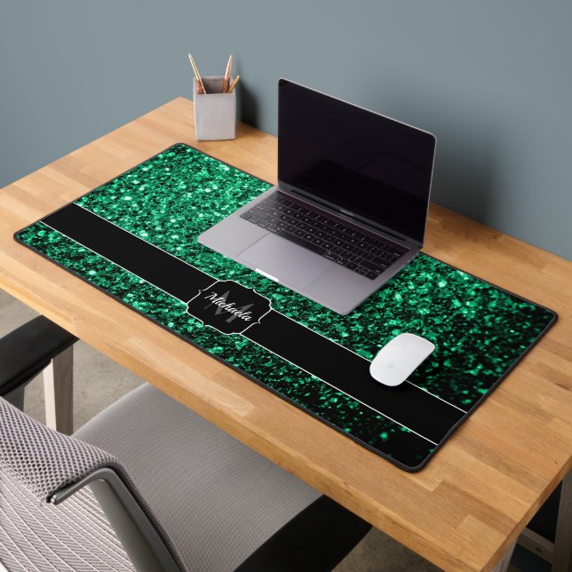 Emerald green faux glitter sparkles Monogram Desk Mat (Office 2)