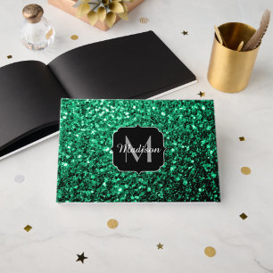 Emerald Green faux glitter sparkles Monogram Guest Book