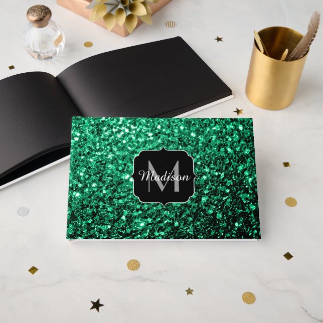 Emerald Green faux glitter sparkles Monogram Guest Book (Front Open)