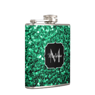 Emerald Green faux glitter sparkles Monogram Hip Flask