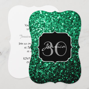 Emerald Green faux glitter sparkles Monogram Invitation