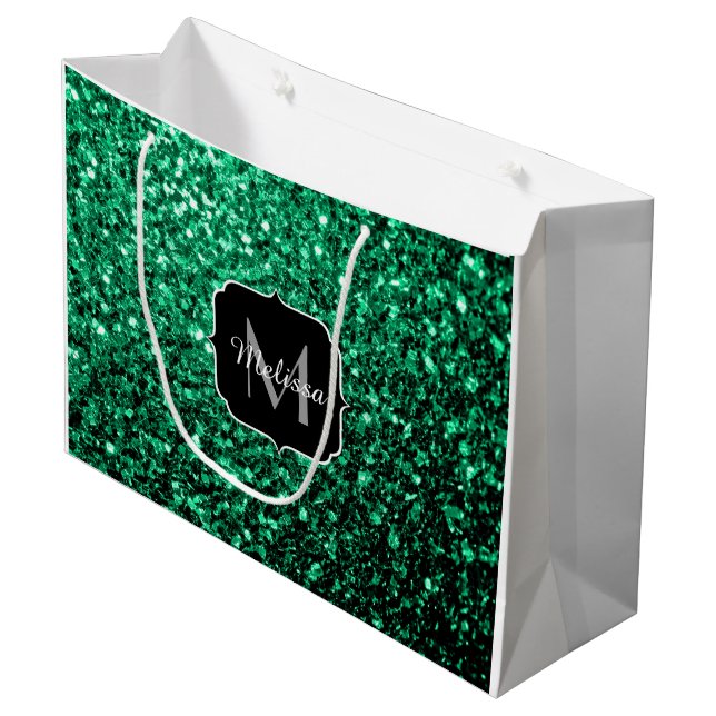 Emerald Green faux glitter sparkles Monogram Large Gift Bag (Front Angled)