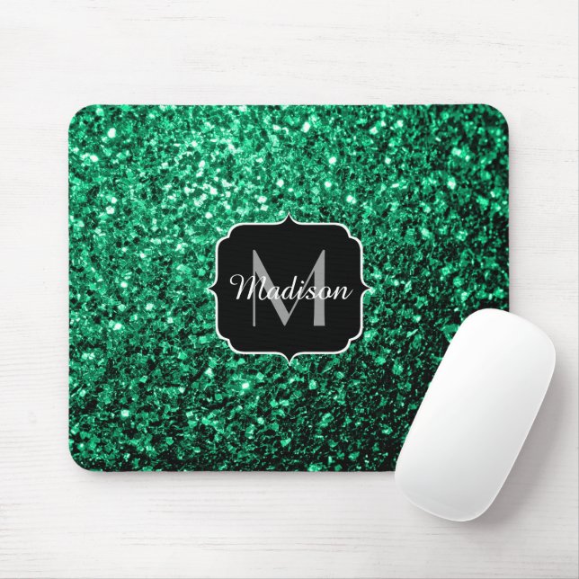 Emerald Green faux glitter sparkles Monogram Mouse Pad (With Mouse)