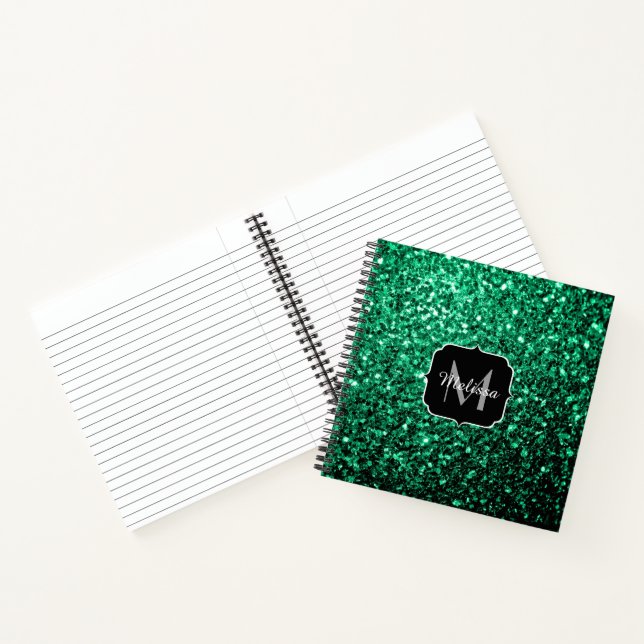 Emerald Green faux glitter sparkles Monogram Notebook (Inside)