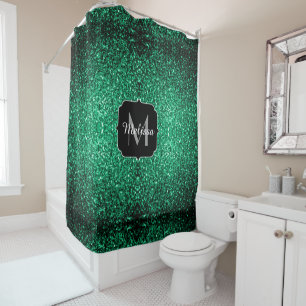 Emerald Green faux glitter sparkles Monogram Shower Curtain