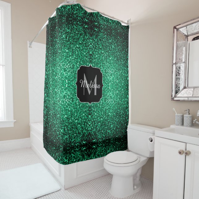 Emerald Green faux glitter sparkles Monogram Shower Curtain (In Situ)