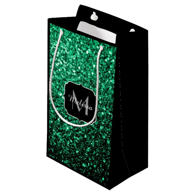 Emerald Green faux glitter sparkles Monogram Small Gift Bag (Front Angled)