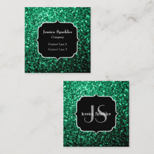 Emerald Green faux glitter sparkles Monogram Square Business Card