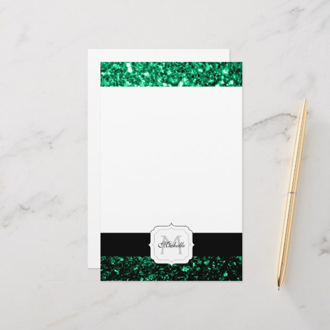 Emerald Green faux glitter sparkles Monogram Stationery (Front/Back In Situ)