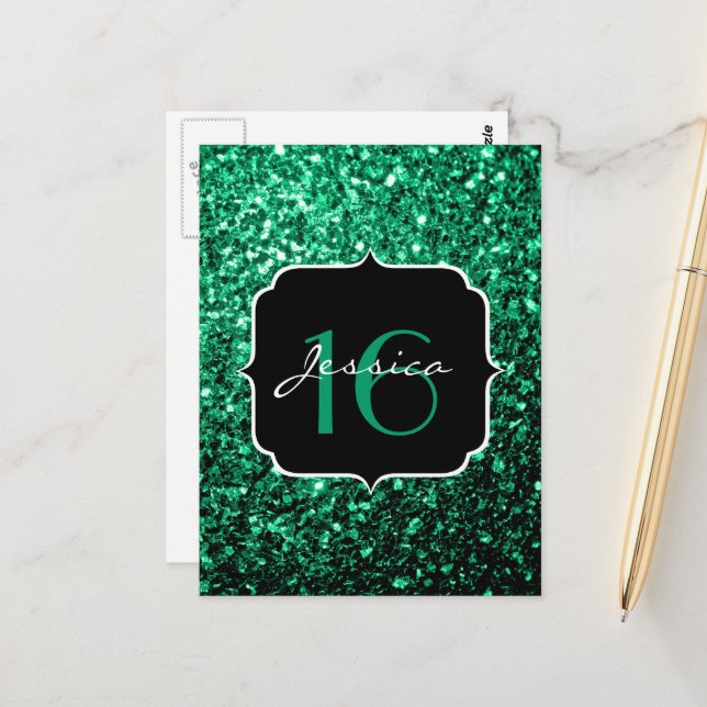 Emerald Green faux glitter sparkles Sweet 16 Postcard (Front/Back In Situ)