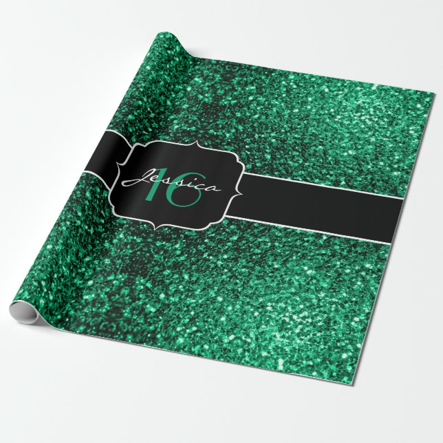 Emerald Green faux glitter sparkles Sweet 16 Wrapping Paper (Unrolled)