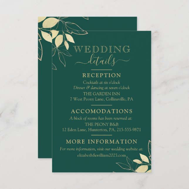 Emerald Green & Faux Gold Foliage Modern Wedding Enclosure Card (Front/Back)