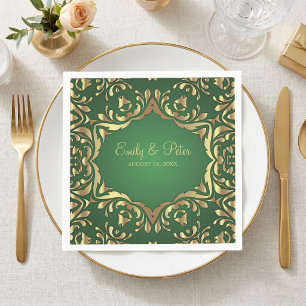 Emerald Green Faux Gold Ornate Damask Wedding Napkin