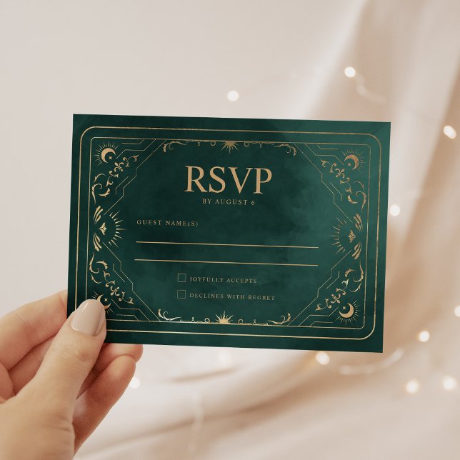 Emerald Green & Faux Gold Tarot Celestial Wedding RSVP Card (Creator Uploaded)