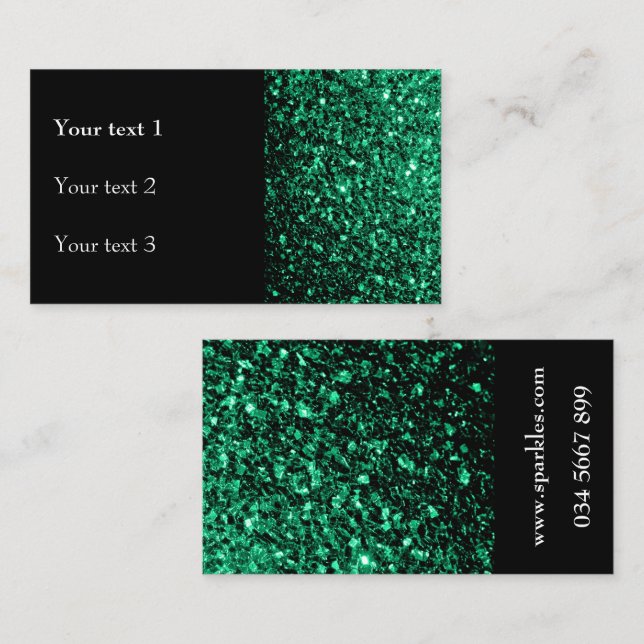 Emerald green faux shiny glitter sparkles on black business card (Front/Back)