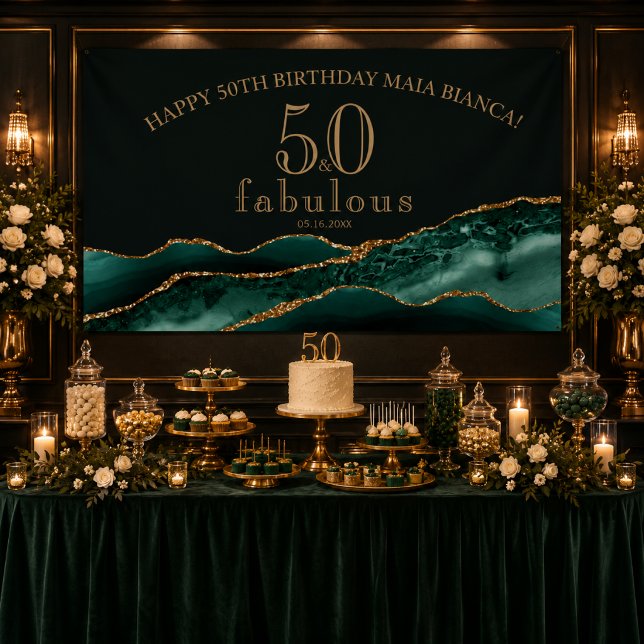 Emerald Green Fifty and Fabulous Agate Banner (Elegant emerald green dessert table with luxury 50th birthday backdrop)
