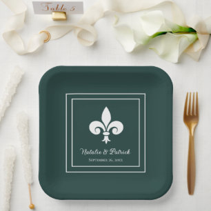 Emerald Green Fleur de Lis Wedding Paper Plates