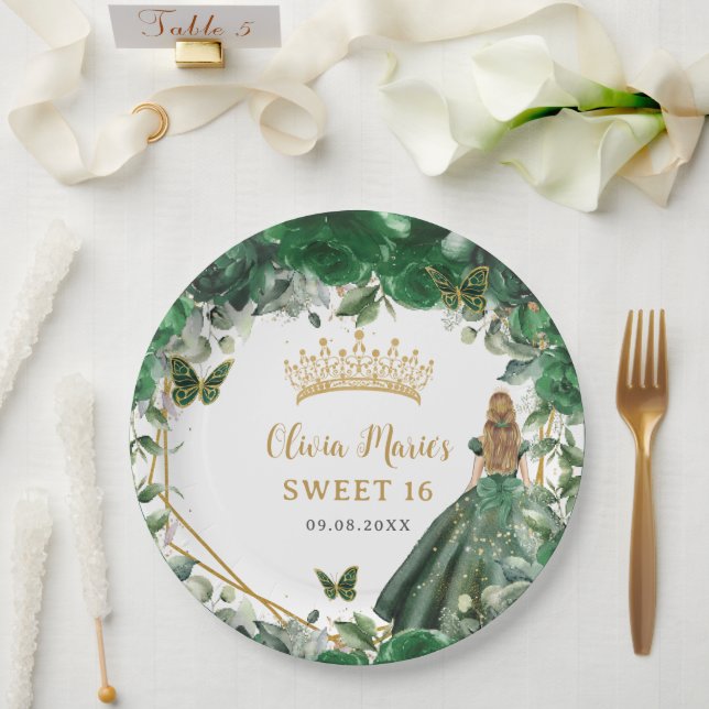 Emerald Green Floral Blonde Princess Sweet Sixteen Paper Plate (Wedding)