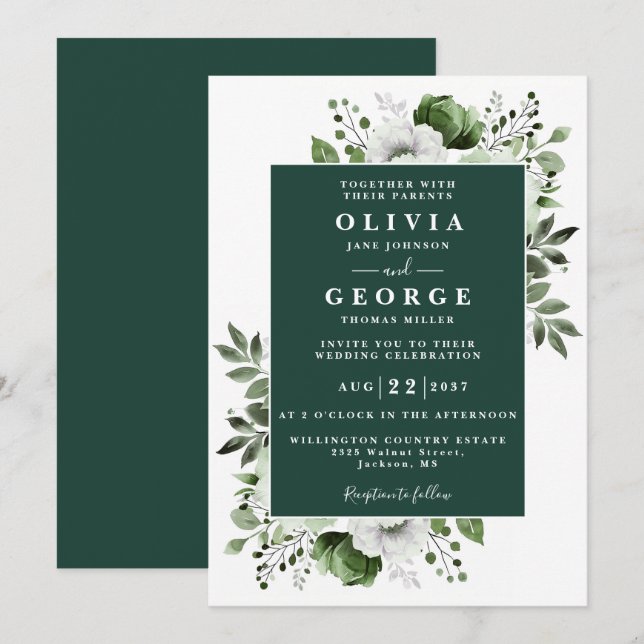 Emerald Green Floral Botanical Modern Wedding Invitation (Front/Back)