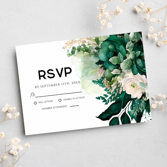 Emerald Green Floral Botanical Wedding RSVP Card (Emerald Green Floral Botanical Wedding RSVP Card)