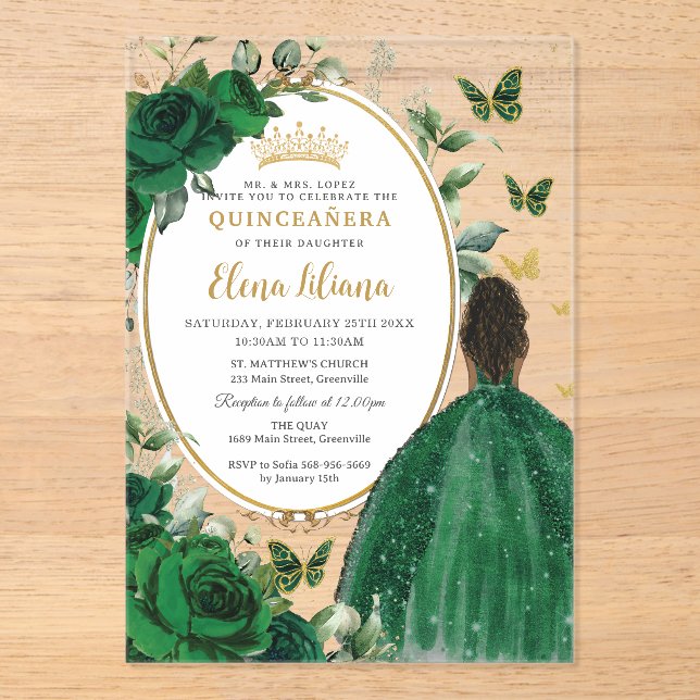 Emerald Green Floral Brown Princess Quinceañera Acrylic Invitations (Front)