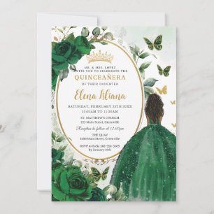 Emerald Green Floral Brown Princess Quinceañera Invitation