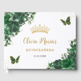 Emerald Green Floral Butterflies Gold Quinceanera Guest Book