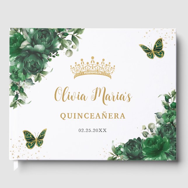 Emerald Green Floral Butterflies Gold Quinceanera Guest Book (Front)