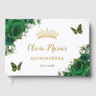 Emerald Green Floral Butterflies Gold Quinceanera Guest Book