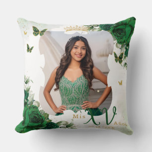 Emerald Green Floral Butterflies Photo Quinceañera Cushion