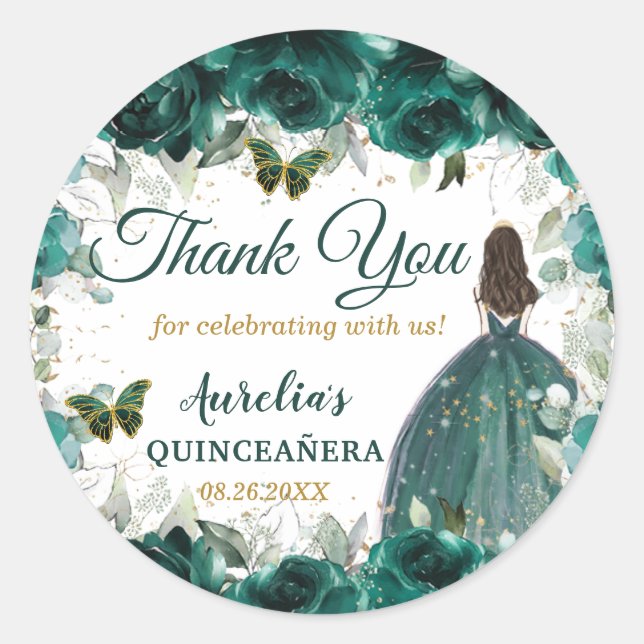 Emerald Green Floral Butterflies Princess Favour Classic Round Sticker (Front)