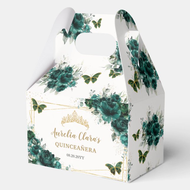 Emerald Green Floral Butterflies Quinceanera Gable Favour Box (Front)
