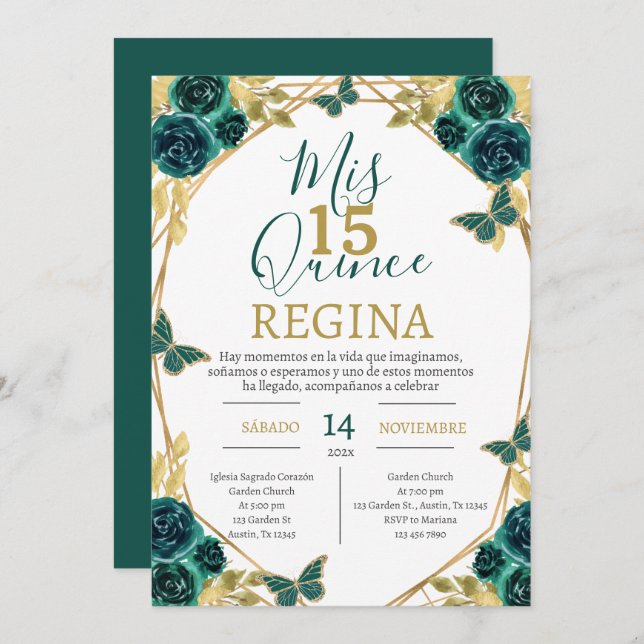 Emerald Green Floral Butterflies Quinceañera Invitation (Front/Back)