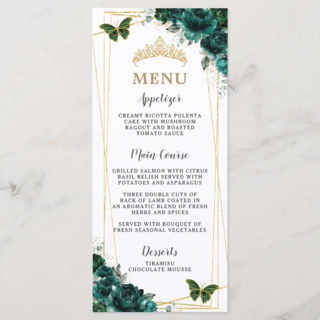 Emerald Green Floral Butterflies Quinceanera Menu (Front)