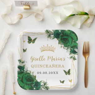 Emerald Green Floral Butterflies Quinceañera Paper Plate
