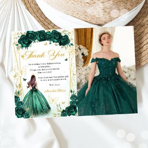 Emerald Green Floral Butterflies Quinceañera Photo Thank You Card
